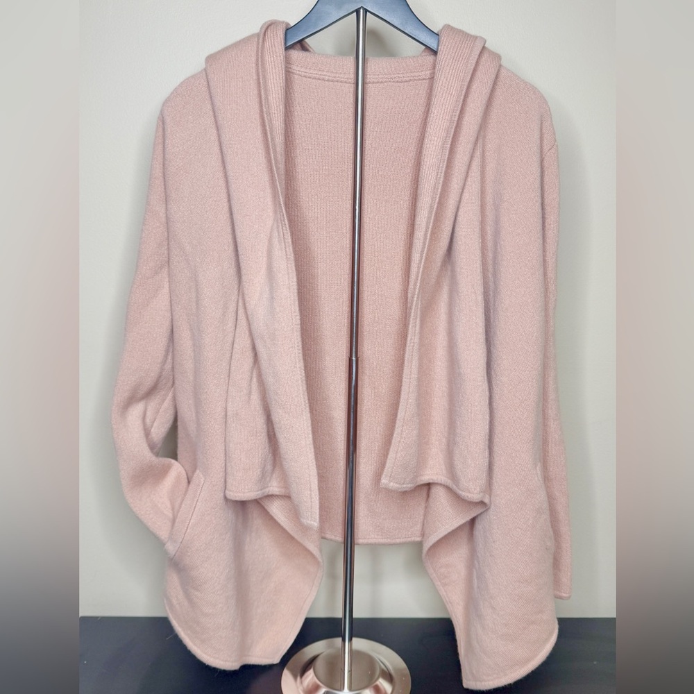 100% Cashmere Asymmetrical Dusty Pink Hooded Cardigan Soft Cozy Size S